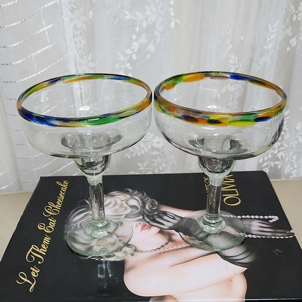 Matching Mexican Textured Confetti Hand Blown Recycled Glass Margarita Glasses